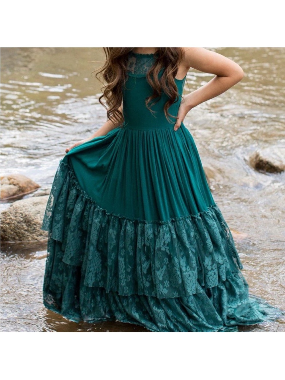 Joyfolie Teal Lace Tiered Maxi Dress for Girls